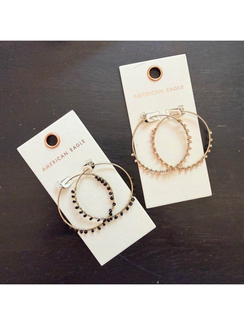 American Eagle Outfitters AEO Gold Beaded Hoop Earrings Black Pearl Set 2 Pair